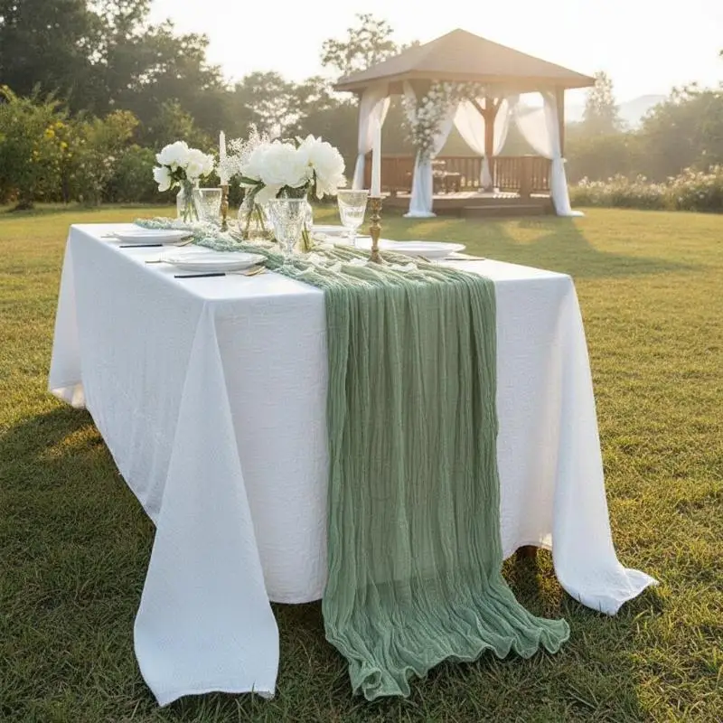 Boho Gauze Table Runner Crinkled Cheesecloth Table Runner For Wedding Bridal Shower Party Table Decor