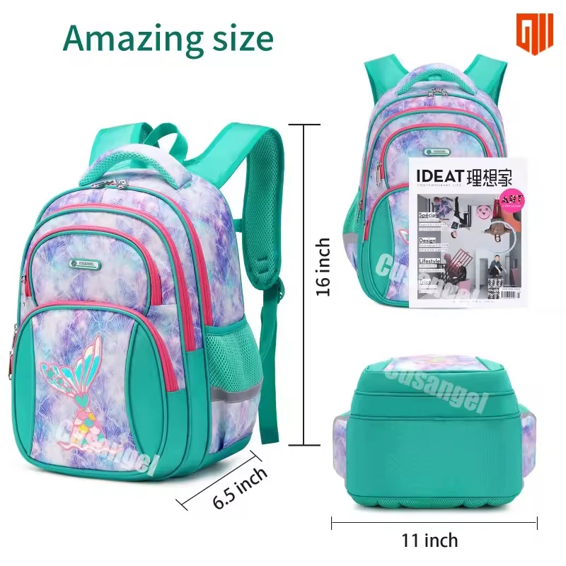 Cusangel High Quality Green Fish Tail Kids School Book Bag 16 Inches Backpack Primary School Students Mochilas Wearproof