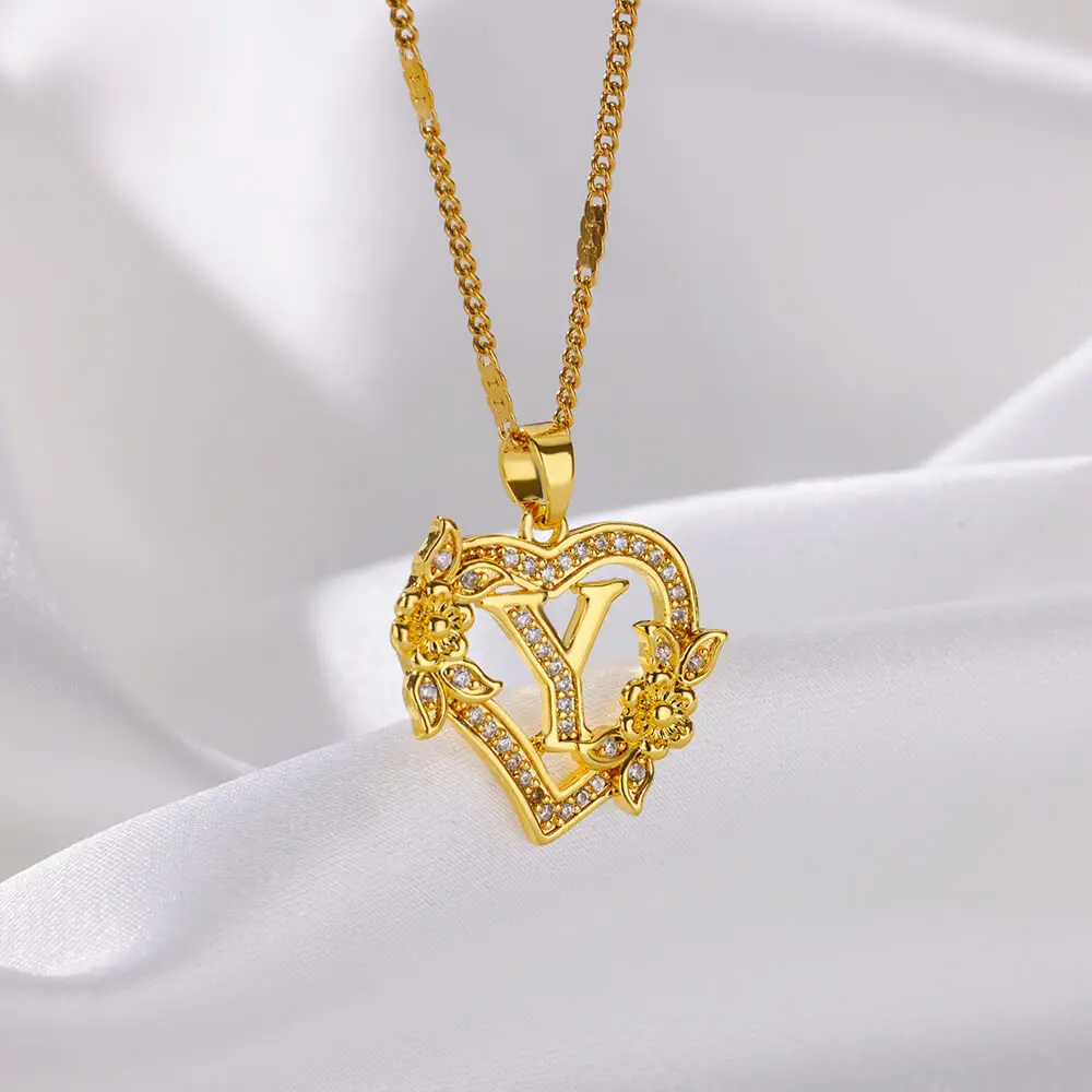 Zirkon Blume Initialen Halsketten Für Frauen Edelstahl Herz Gold Farbe Brief Kette Kragen 2025, Neue Trend Hochzeit Schmuck – Detail 1