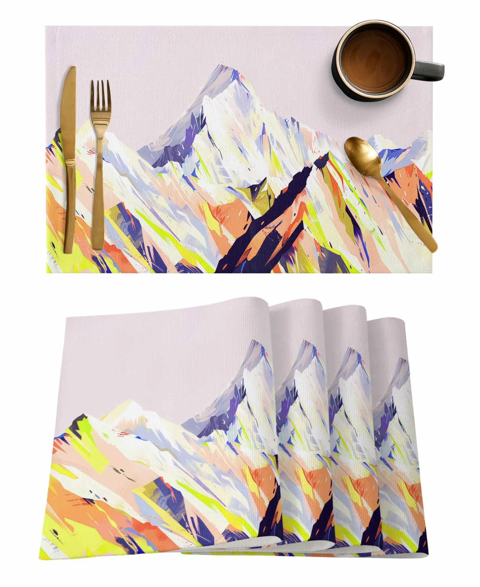 Abstract Oil Painting Mountain Illustration Coffee Dish Mat Kitchen Placemat Dining Table Rug Dinnerware 4/6pcs Pads