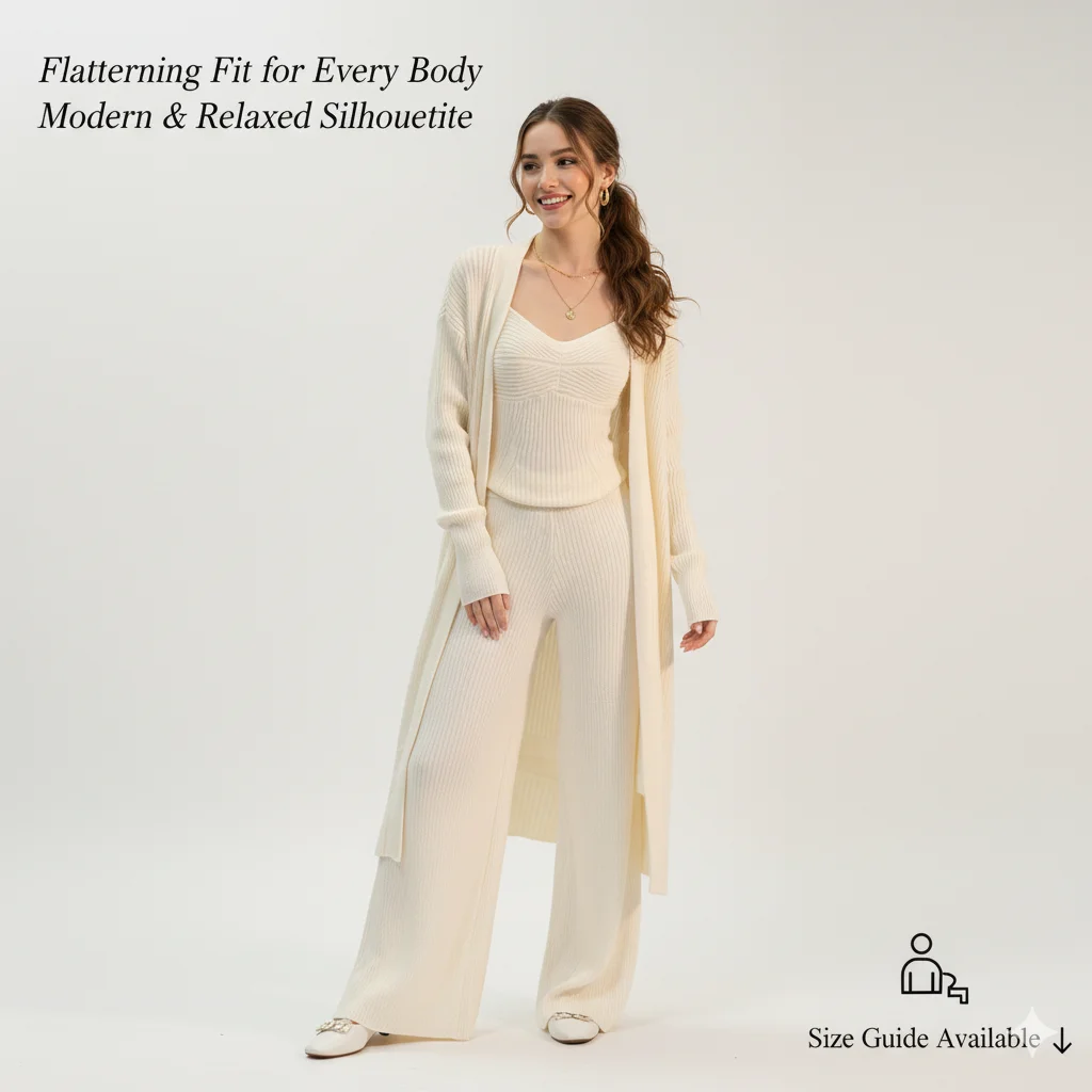 

Women Knit Lounge Wear Three Piece Set Wide Leg Pants Cardigan Vest Korean Style Lazy Casual Outfit For Autumn Winter