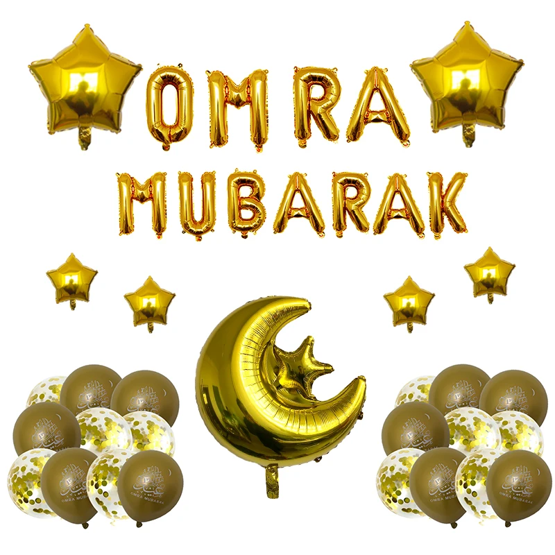 1Set OMRA Mubarak Letter Foil Balloons Ramadan Kareem Decoration Star Moon Helium Globos 2023 Muslim Islamic Party Supplies Gift