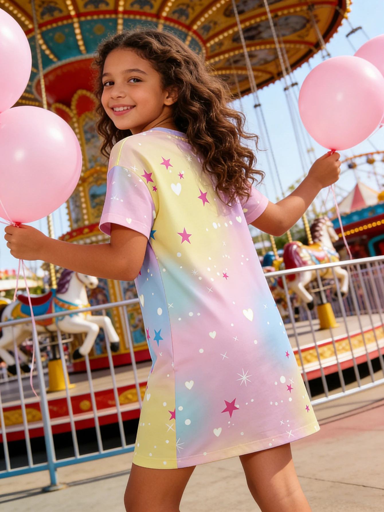2026 girls pink purple yellow gradual change tie-dye star love print short-sleeved dress