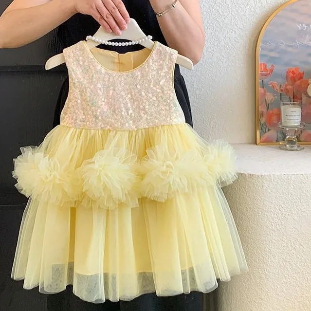 Girl's Sleeveless Dress Summer Korean Version Children's Clothing 2025 New Item Children's Baby Girl Sequin Mesh Princess Dress