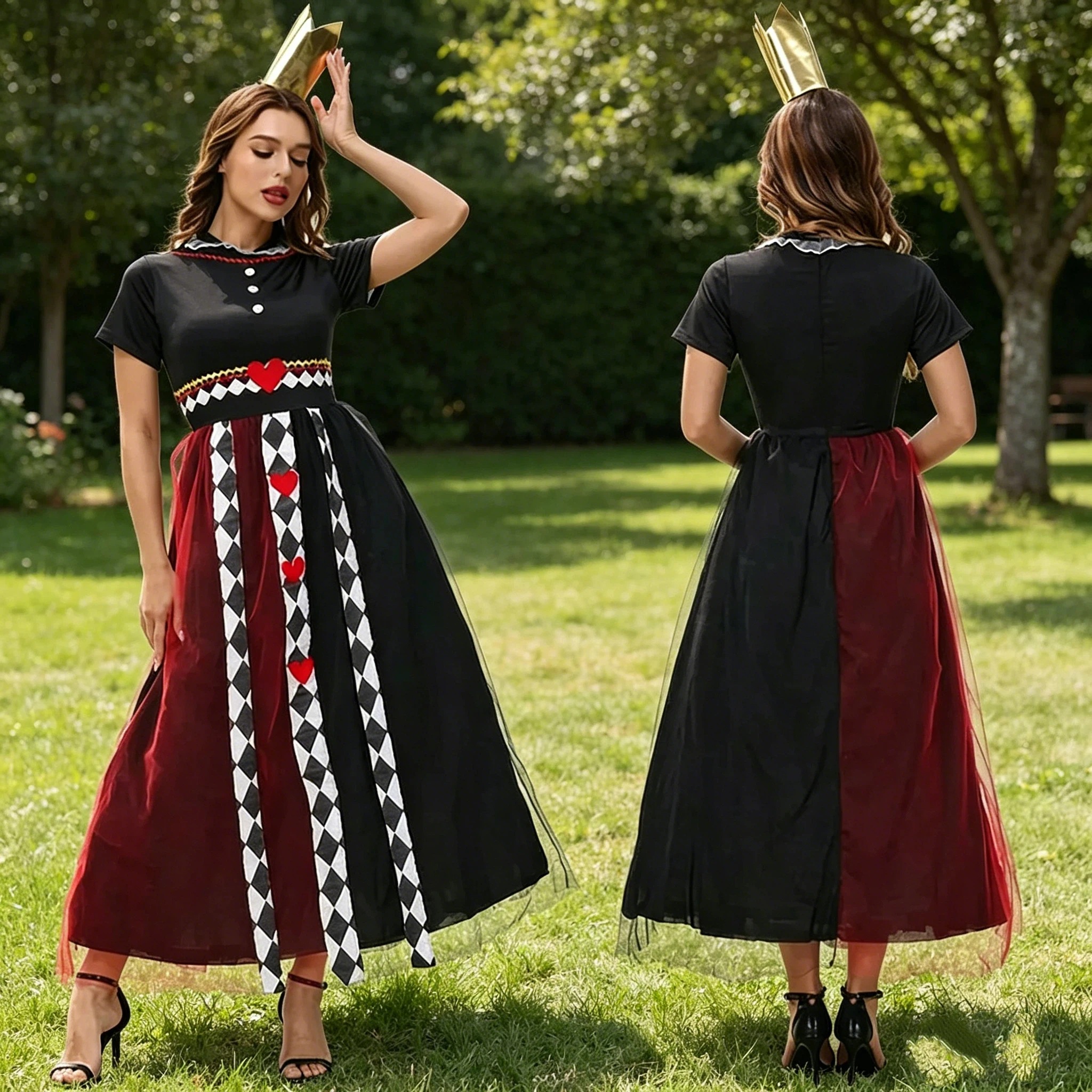 

Women Halloween Queen Hearts Costume For Adult Woman Fairy Tale Theme Party Fancy Dress Cosplay Red Black Patchwork Dresses