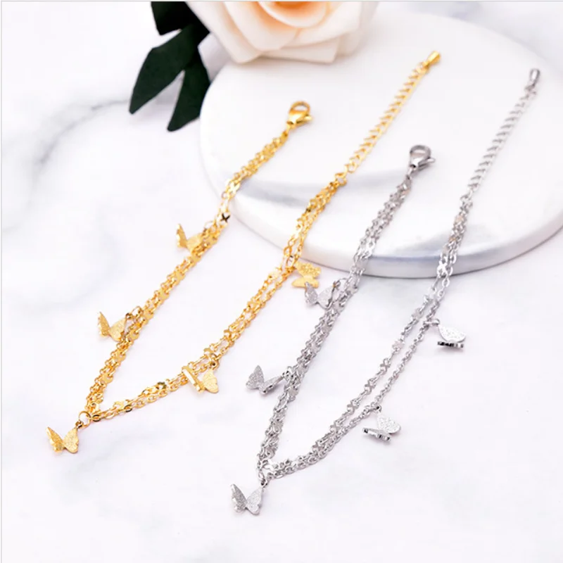 316L Stainless Steel New Fashion Jewelry 2 Layer 5 Frosted Butterflies Elegant Foot Accessories Charm Chain Anklet For Women