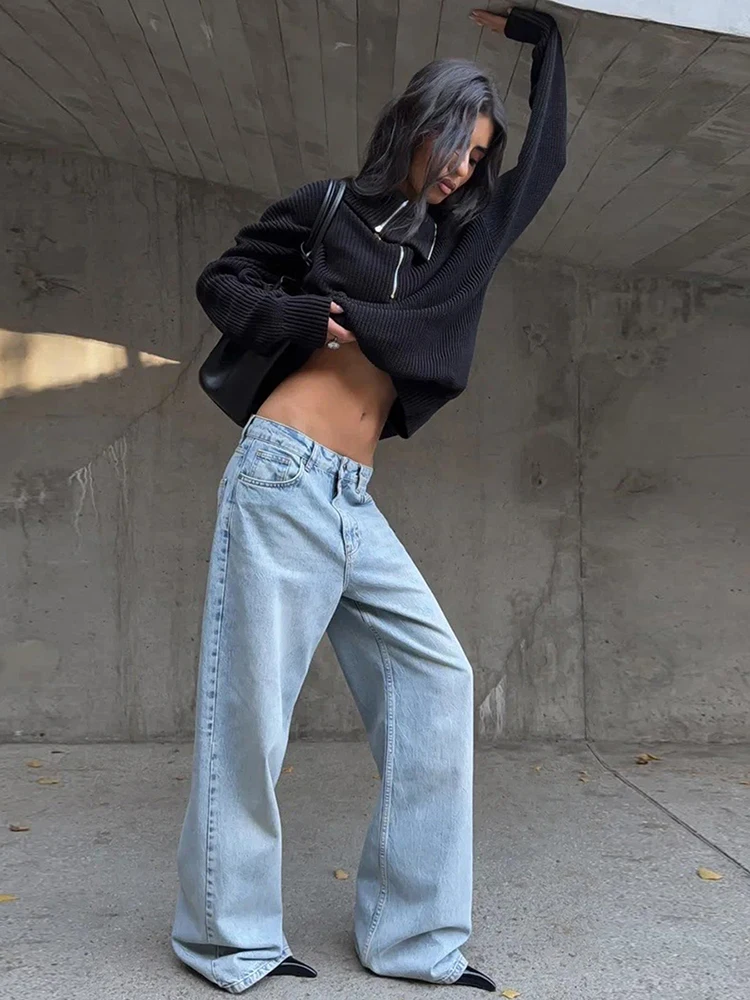 Whatiwear Unregelmäßiger Reißverschluss-Dekorations-Reverspullover für Damen, Herbsttrend, gehäkelt, volle Ärmel, täglich, lässig, Oversize-Stil, klassisches Oberteil