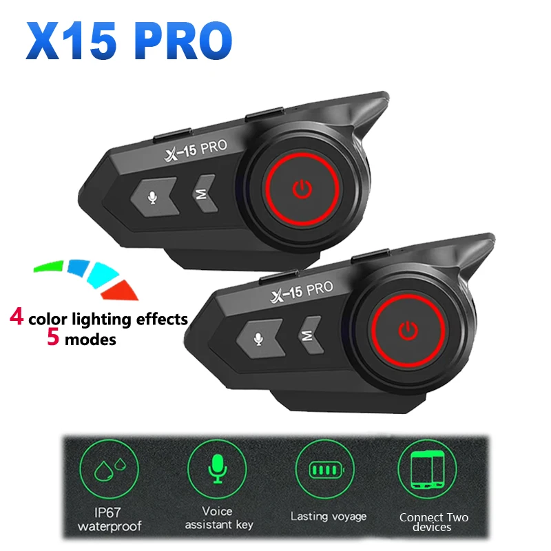 

X-15 PRO Motorcycle Helmet Bluetooth Headset Intercom Colorful 5 Color Ambient Light 2-Rides Talk Distance 600M IP67 Waterproof
