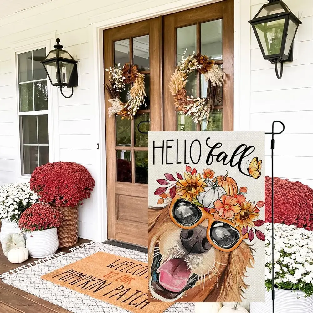 CROWNED BEAUTY Hello Fall Dog Garden Flag 12x18 Inch Double Sided for Outside Golden Retriever Small Burlap Autumn Holiday Yard