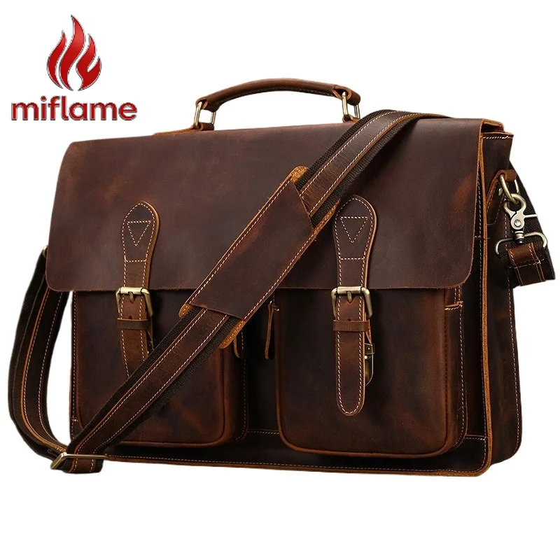 

Crazy Horse Leather Briefcase for Men Vintage Large Capacity Shoulder Messenger Bag Laptop Computer Bag Business Office Travel