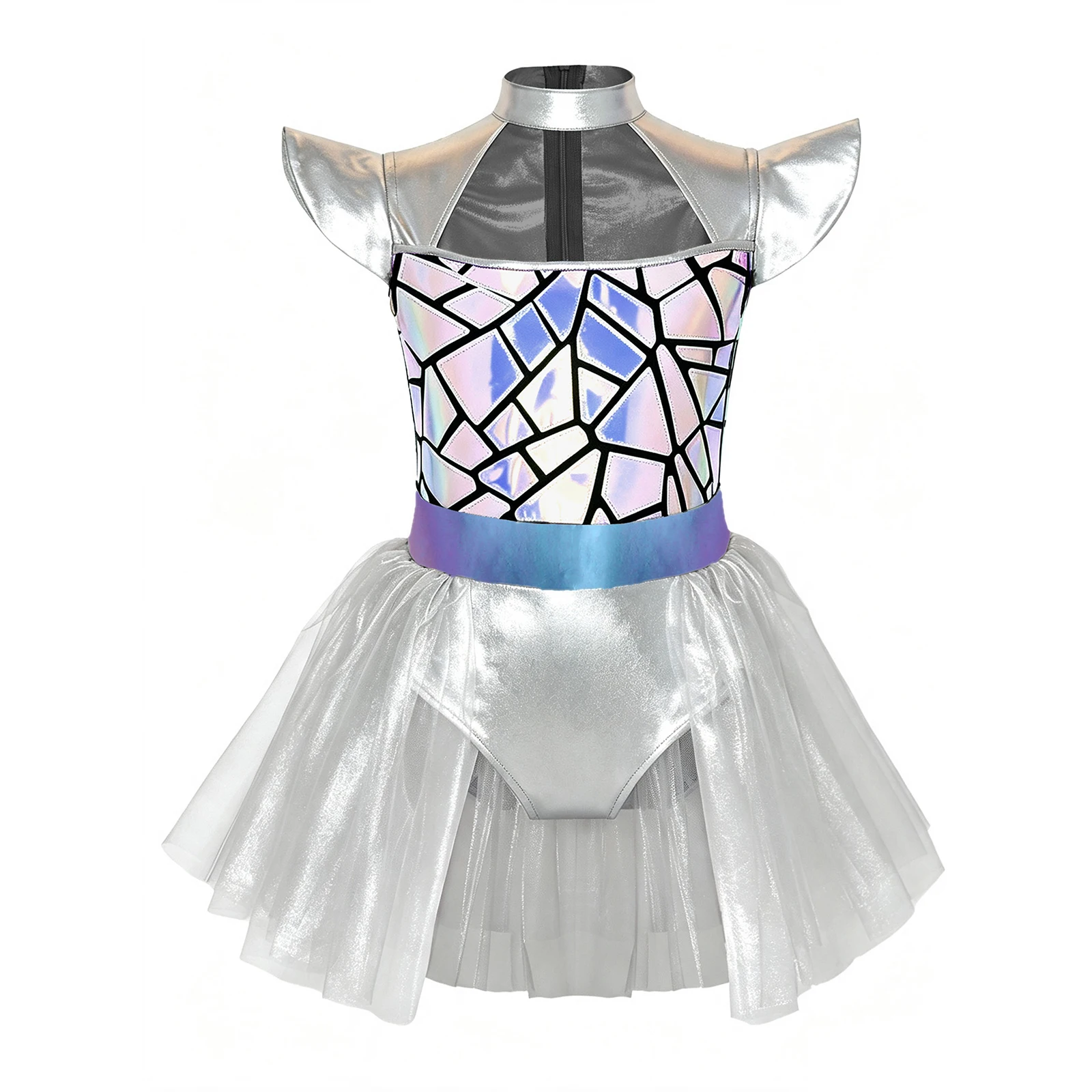 Kids Girls Alien Cosplay Costume Robot Fancy Dress Shiny Cutout Cap Sleeve Tulle Metallic Dress for Halloween Carnival Party