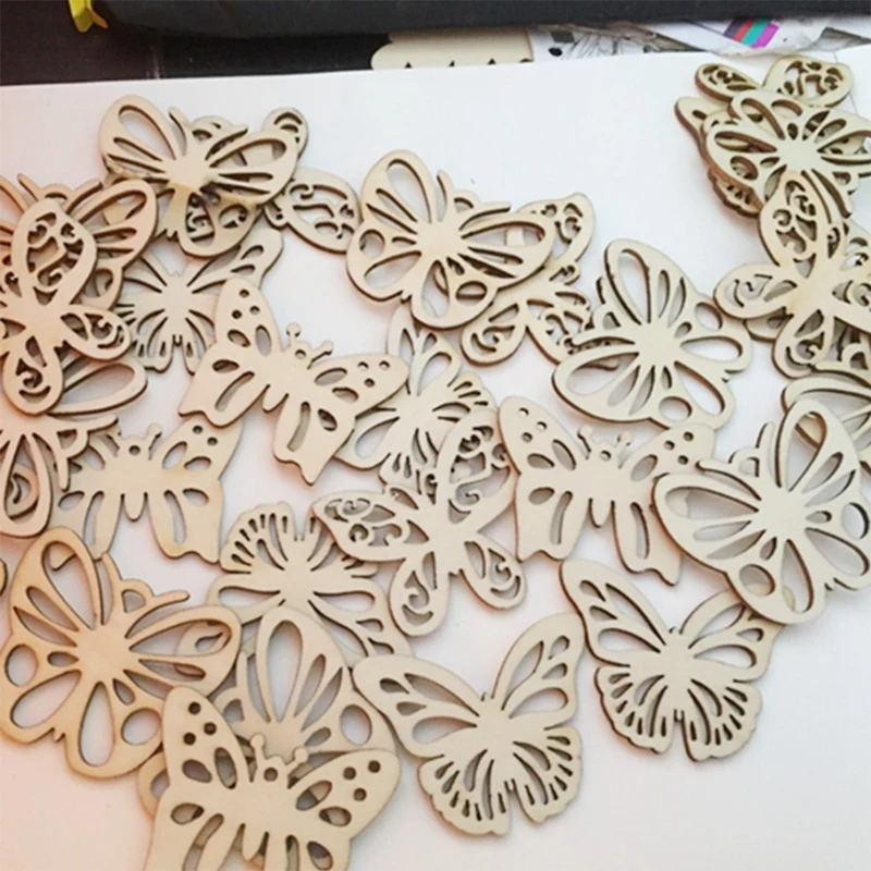 50Pcs Wood Discs Slices Butterfly Shape Unfinished Wooden Cutouts Craft DIY Decoration