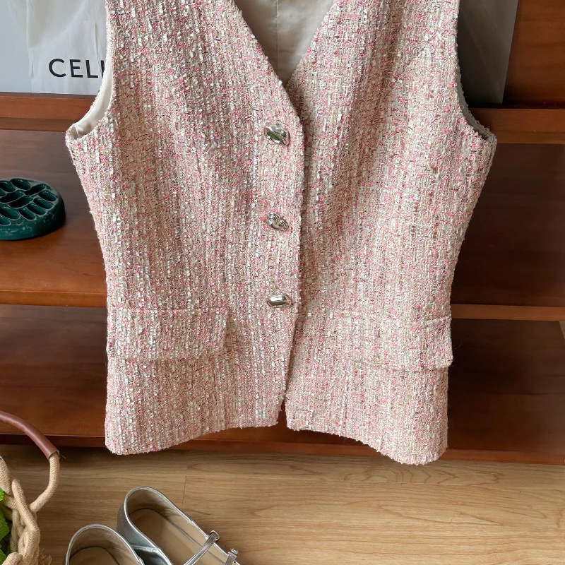 French Small Fragrance Pink Tweed Sleeveless Coat Women Slim V-neck Casual High Quality Korean Chic Vest Female