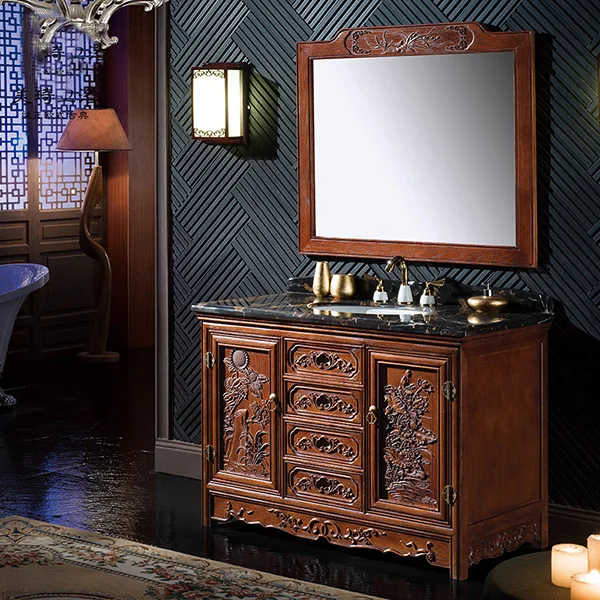 

New Chinese classical bathroom cabinet, antique solid wood floor-to-ceiling hand wash face, double