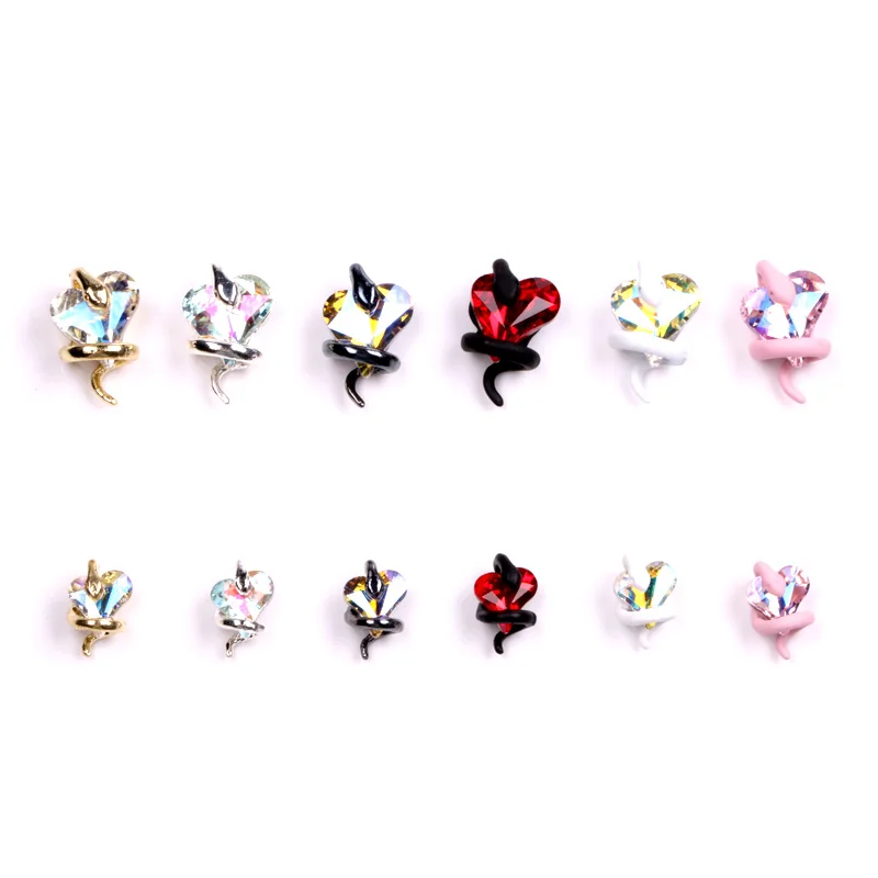TSZS 10pcs/lot 3D Snake Heart Crystal Alloy Nail Charms Gold Silver Alloy Snake Around Crystal Nail Decoration