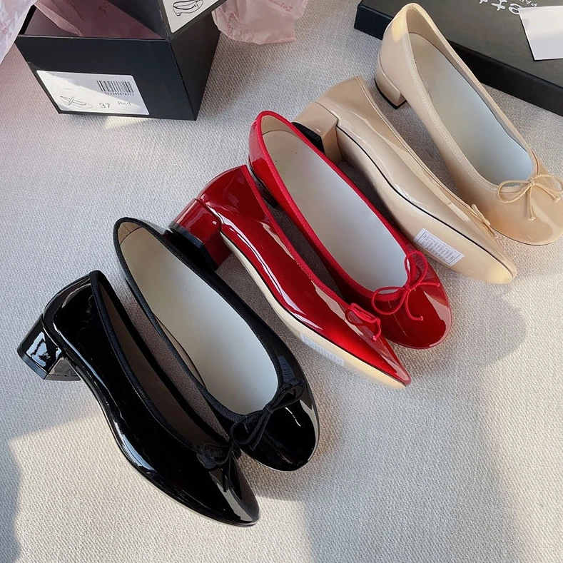 Round Toe Ballet Shoes Low Heel Bow Pumps Low Top Flat Patent Leather Small Red Shoes