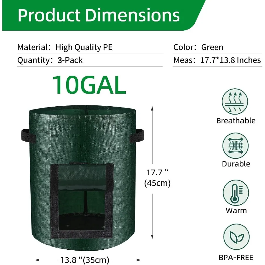 10 Gallon 3Pack Potato Grow Bags Heavy Duty PE Fabric Pots with Flap and Handles Green Planter Bags for Potato Vegetables Outdo