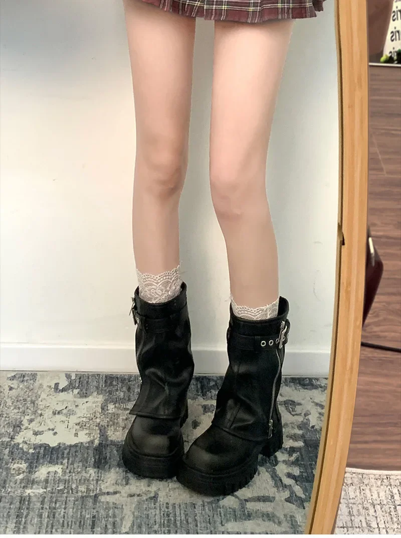 Winter Damen Biker Stiefel Mode Gürtelschnalle Elegante Plateau Flache Kurze Stiefeletten Lässige Damen Ritterstiefeletten – Detail 6