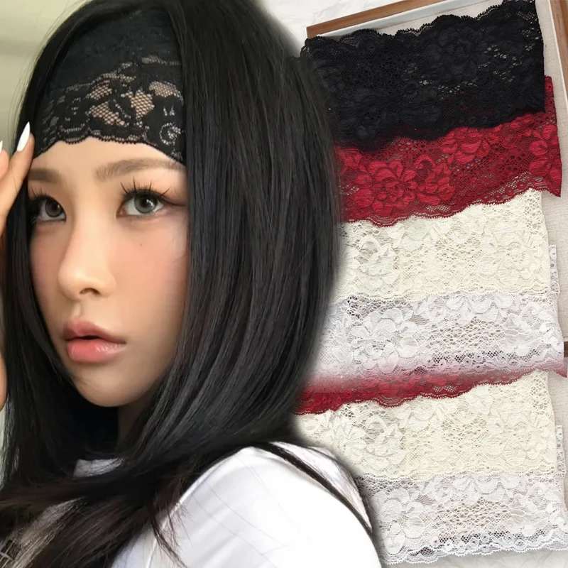 Vintage Lace Wide Headband French Style Women Hollow Lace Floral Elastic Headwrap Fashion High Elastic Sweet Hair Accessories