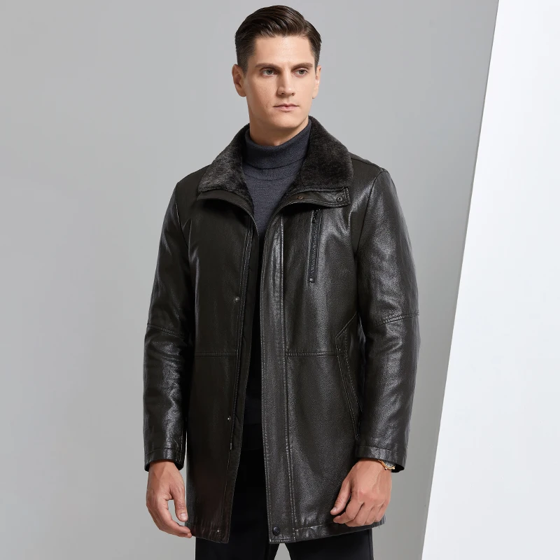 Veste en cuir avec fourrure intégrée pour hommes, mi-longue, épaissie, revers en peau de mouton naturelle, pour la maison, décontractée, vente directe d'usine, YN-8819