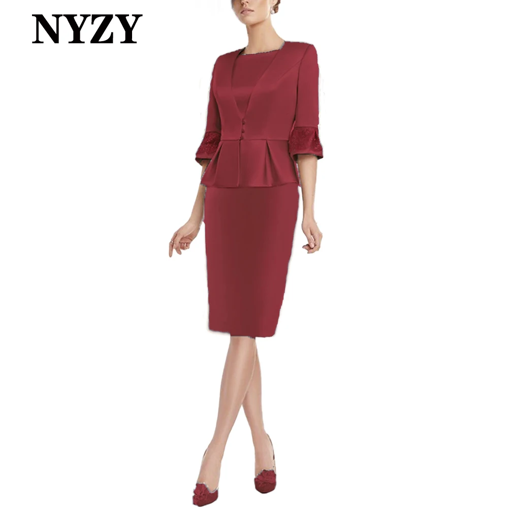 NYZY M404 2-Piece Satin Champagne Mother of the Bride Groom Dresses with Coat 2024 Short Formal Dresses Wedding Party Cocktail