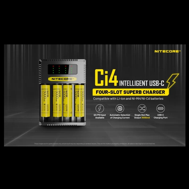 Зарядное устройство NITECORE CI4, интеллектуальная Быстрая зарядка CI2 с 4 слотами, совместимое с аккумуляторами 1865018350 AA, AAA, USB QC