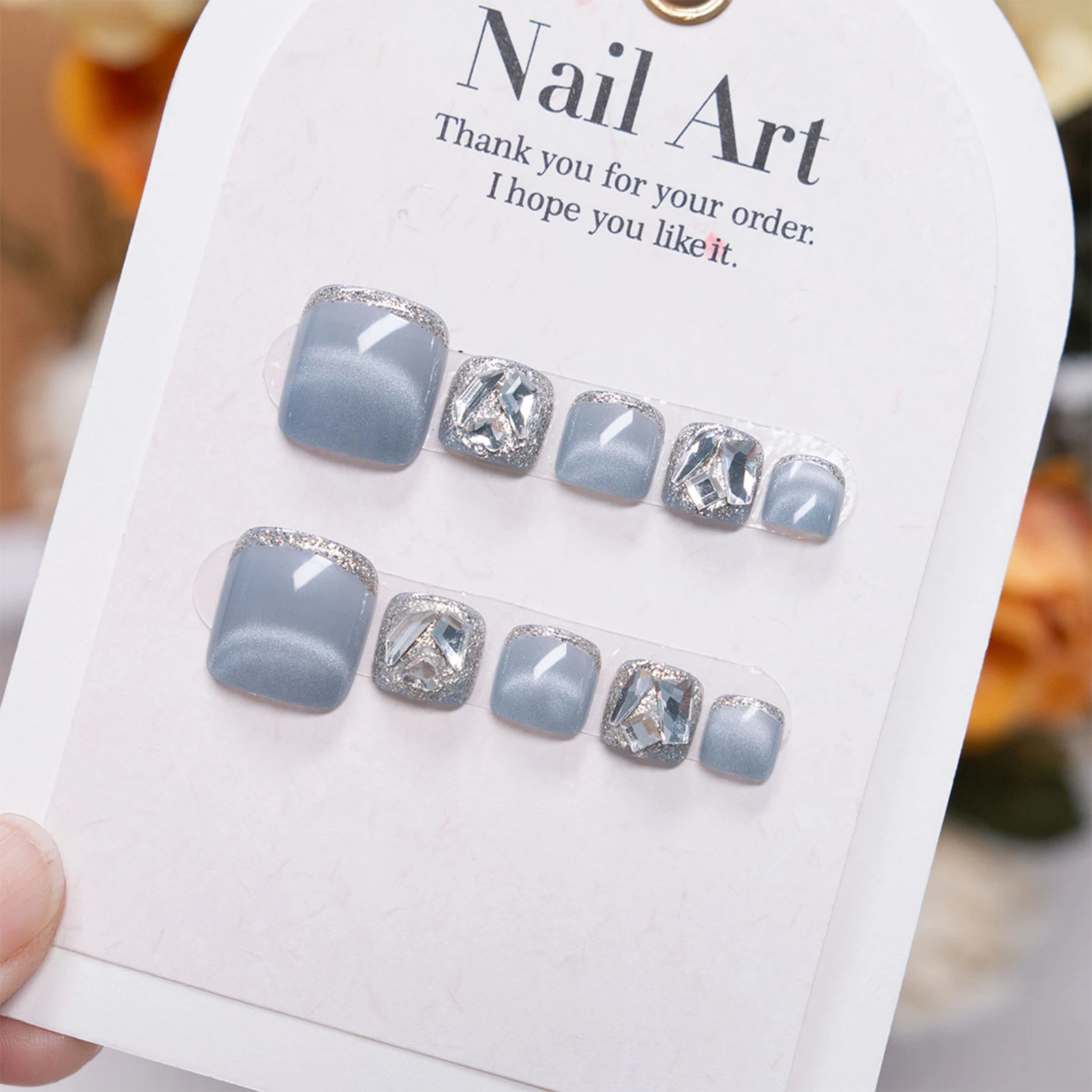 24pcs Glossy Blue Cat's Eye Fake Toe Nails Ins French Style Flash Rhinestone Decor Press On Toenail Short Square Summer Toenails