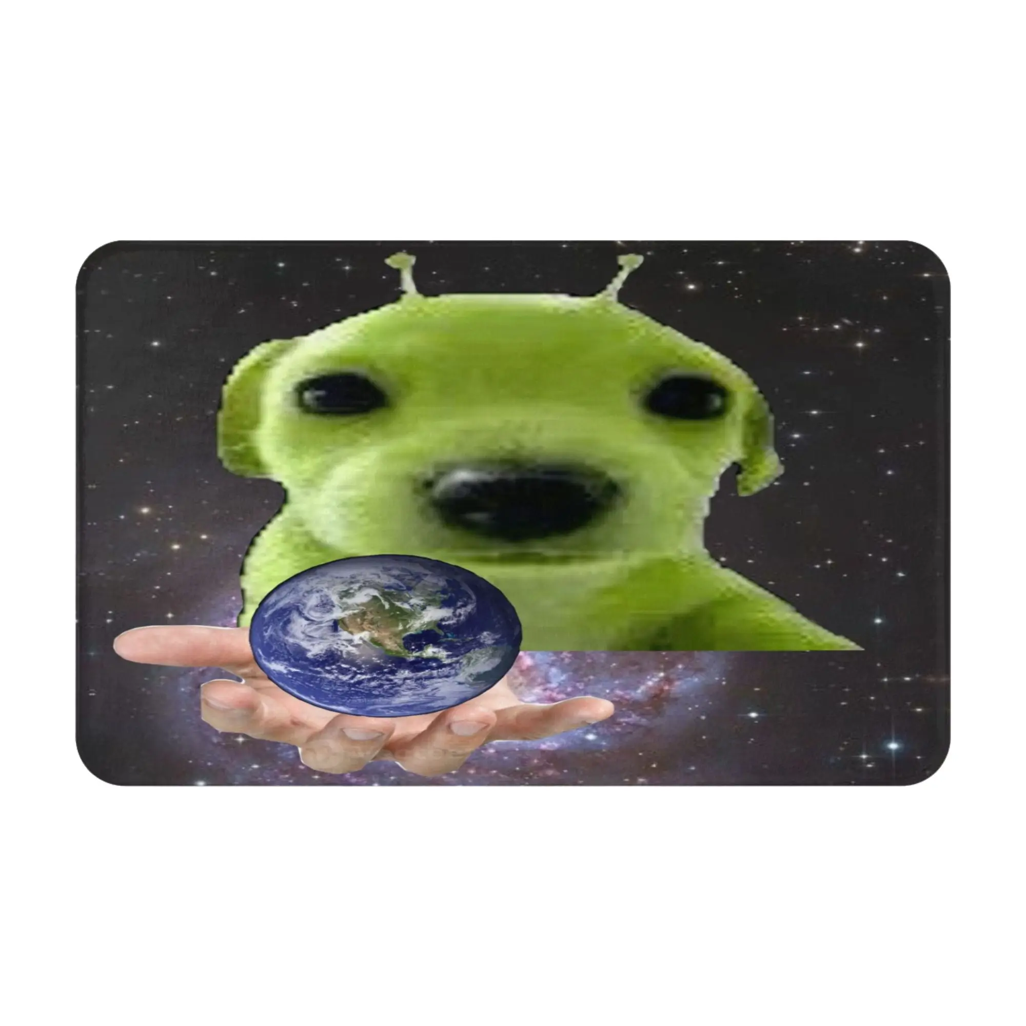 Green Alien Puppy Holding Earth Space Art Anti-Slip Doormat Living Room Mat  Floor Indoor Home Decor