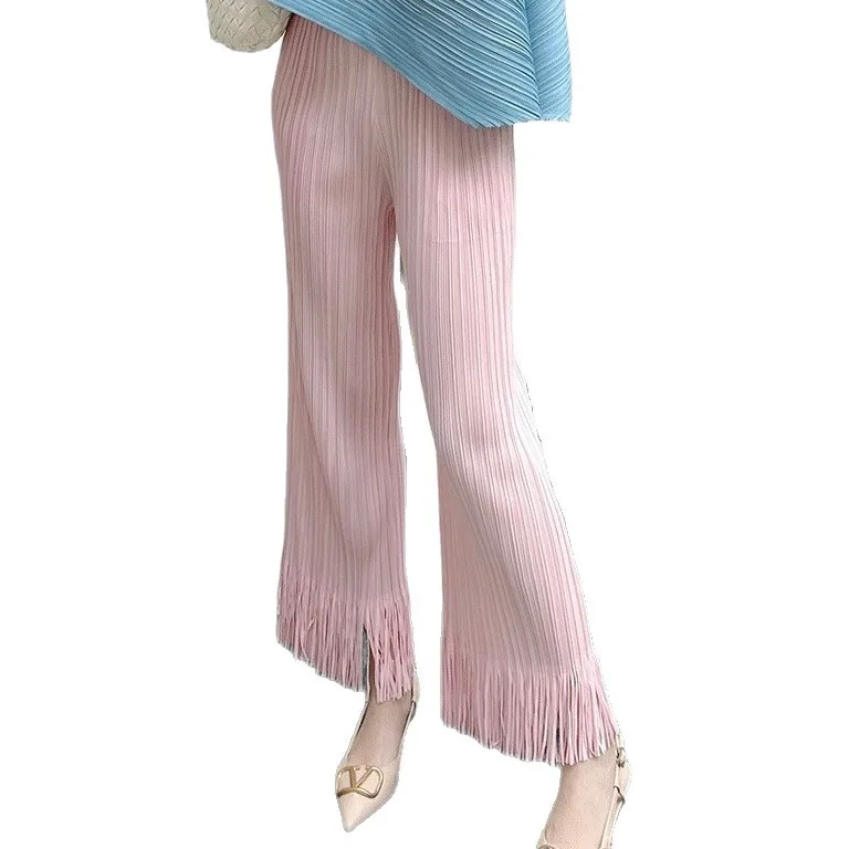 Miyake Pleated Loose Straight Leg Pants, Fashionable Tassel Lace Flared Pants, Summer Comfortable and Casual Cropped Pants