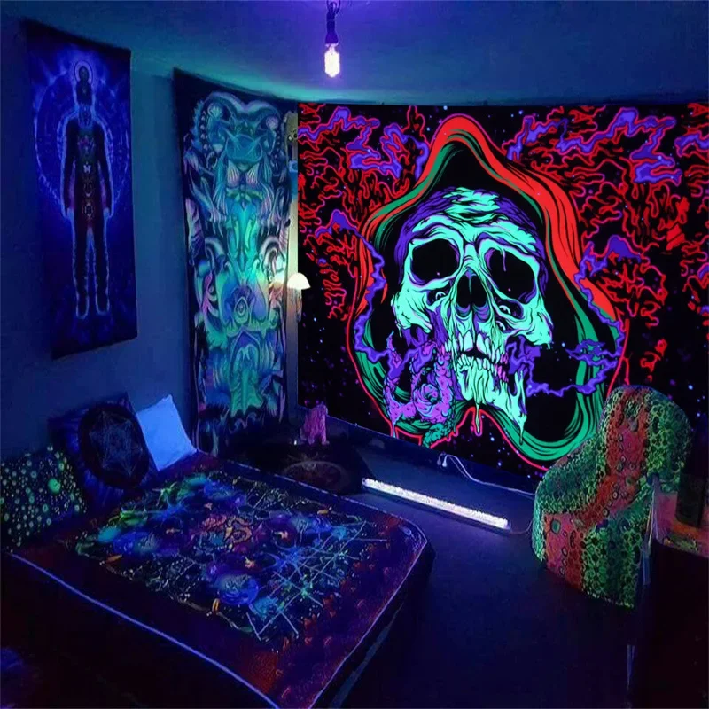 Black Light Tapestry UV Reactive Psychedelic Mysterious Mushroom  Wall Hanging Bedroom Dorm Separate Room Decoration