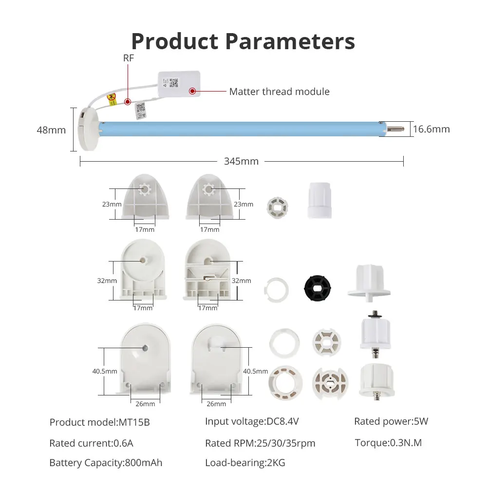 Zemismart Matter Over Thread Rechargeable Smart Roller Shade Blinds Motor for 20 28mm Tube Homekit Google Home Smartthings App