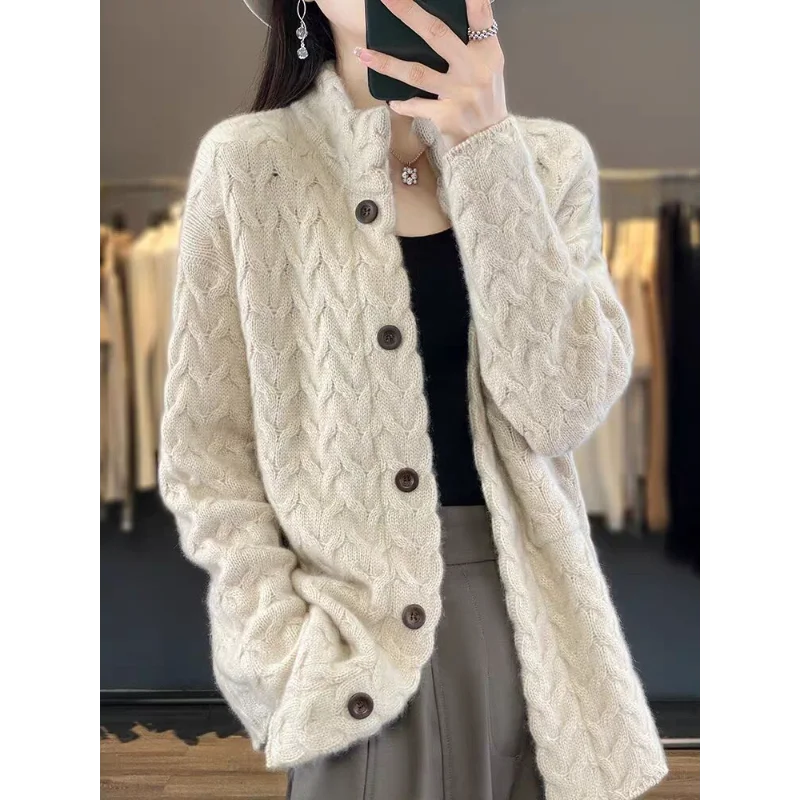 

Top Loose Solid Color Long-sleeved Knitted Sweater Jacket Women's Thickened Streak-up Stand-collar