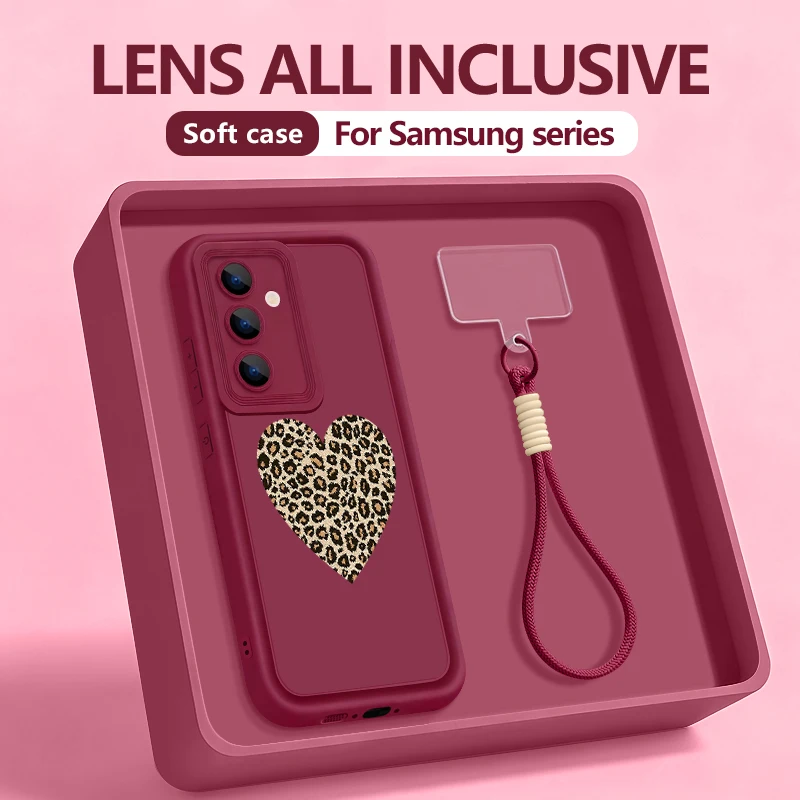 Herzförmige Leopardenmuster Lanyard Handyhülle für Samsung Galaxy S24 FE S23 S22 Ultra S25 Edge A56 A16 A17 A26 A55 A15 A54 Cover