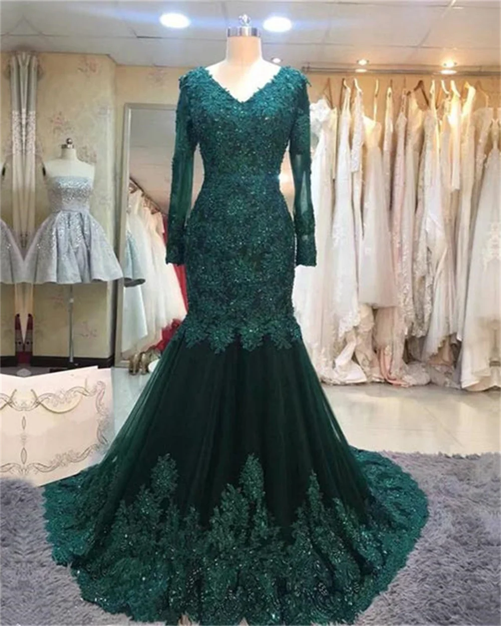 

Lace Sequins Floral Applique Mermaid Prom Dresses Long Sleeve V Neck Skinny Women's Formal Occasion Dresses Flounce Length