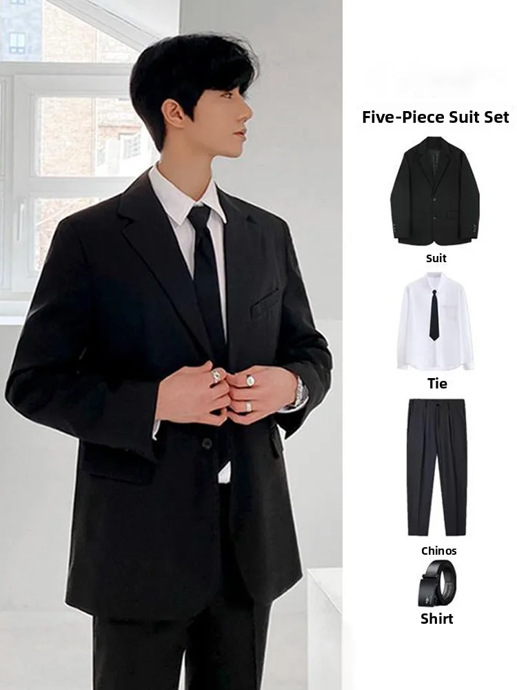 

High-End Men's Casual Suit Set Spring Autumn Loose Busin Casual Student Formal Wear Stand Fit Double Breasted Pure Color