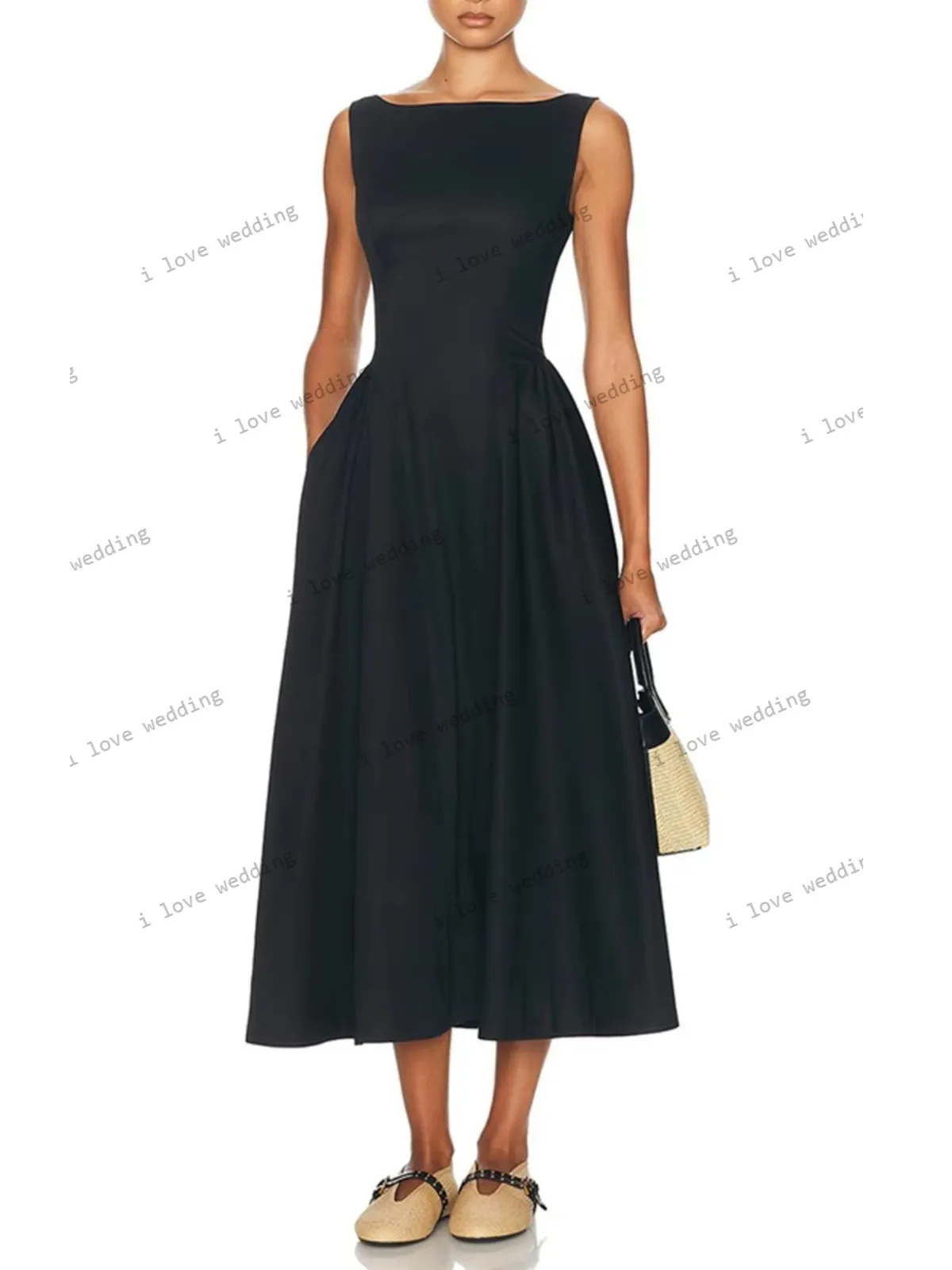 

Black Sleeveless A-Line Prom Dresses Elegant O-Neck Women Party Dress Pleated Evening Dresses Tea-Length Formal Gowns Customized