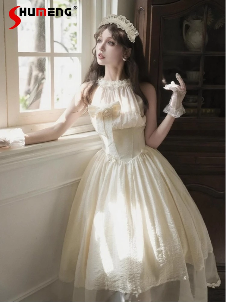 

French Elegant Retro Princess Tea Party Dress Girl's Women's High Waist Slim Halter Off-Shoulder Sleeveless Lolita Dresses JSK