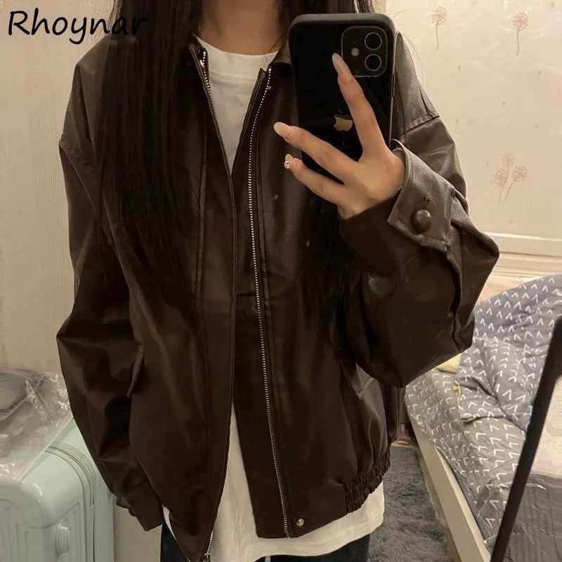 Solid Jackets Women Autumn Cool Students Retro Fashion American Style Clothing High Street Pu Baggy Soft Temperament Attractive