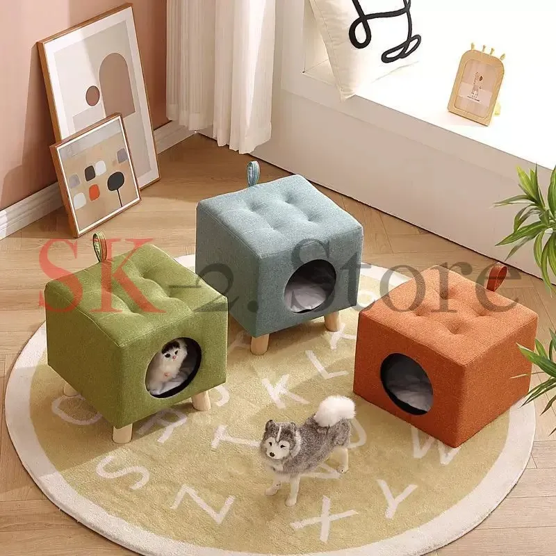 Solid Wood Cat Nest Stool Four Seasons Universal Cat House Kitten Semi-closed Pet Bed Warmth