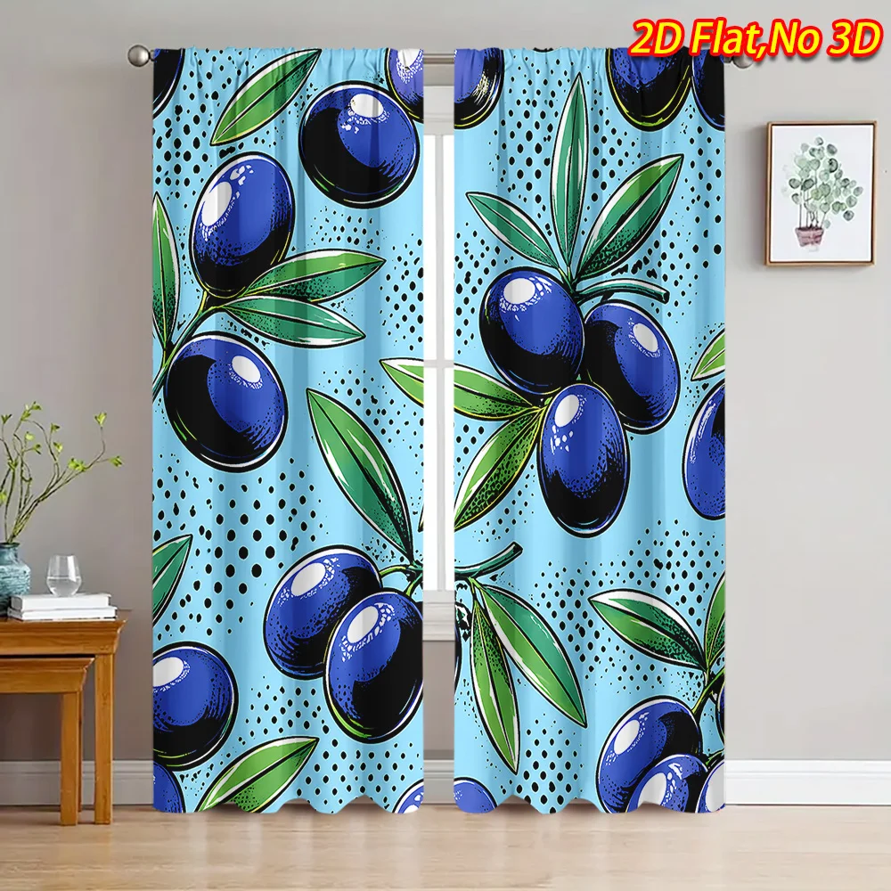 Blue Olive Branch Curtains, Pop Art Fruit Graphic Window Drapes, Mediterranean Kitchen Decor, Blackout Fabric for Dining Room