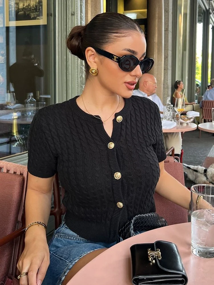 

Новый осенний вязаный свитер на одной пуговице с круглым вырезом и короткими рукавами, женские топы, винтажный элегантный женский вязаный кардиган