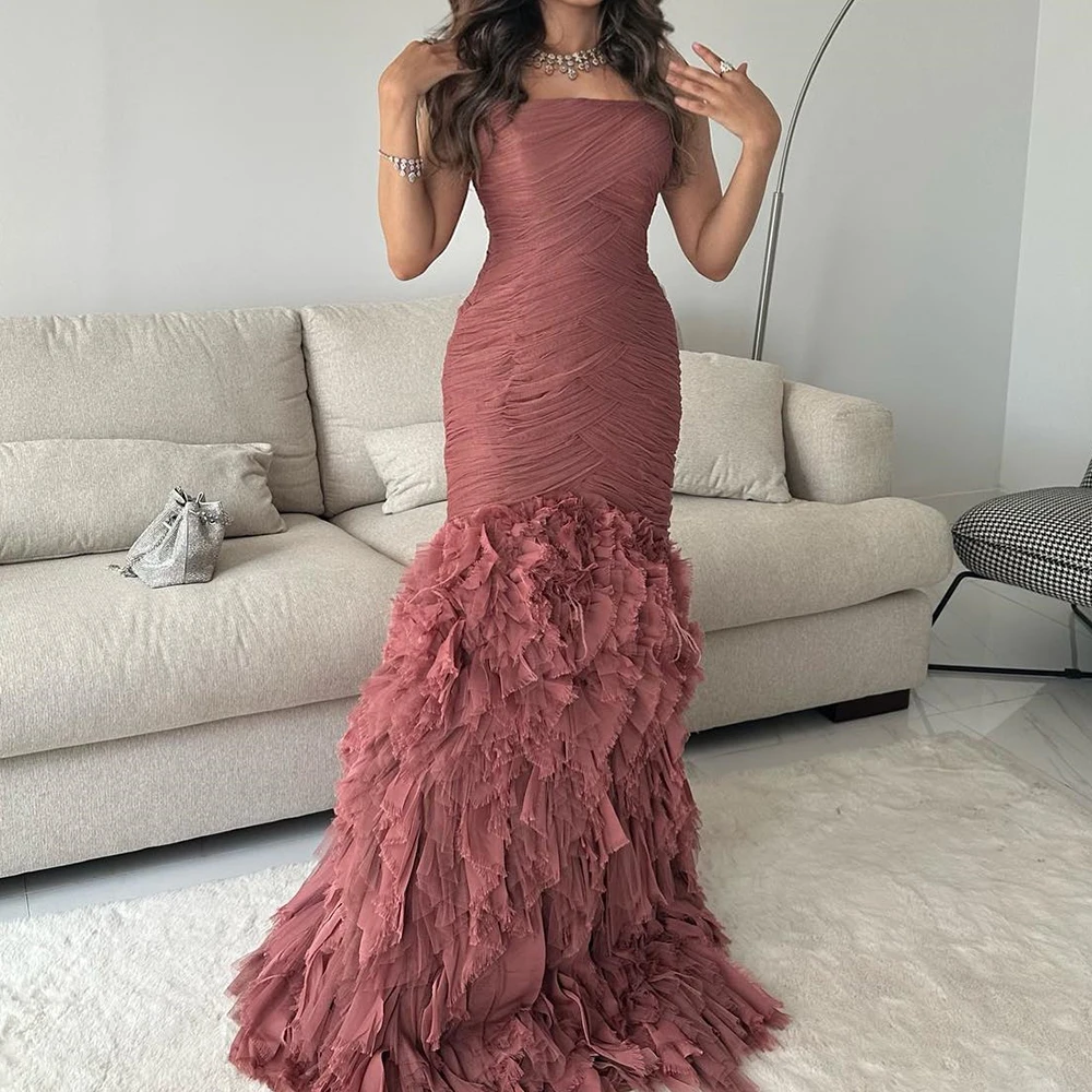 

Elegant and Fashion Straight Strapless Tulle Evening Dress Floor Length Sleeveless Photo Color Sweep Train Vestido De Noche Dubi