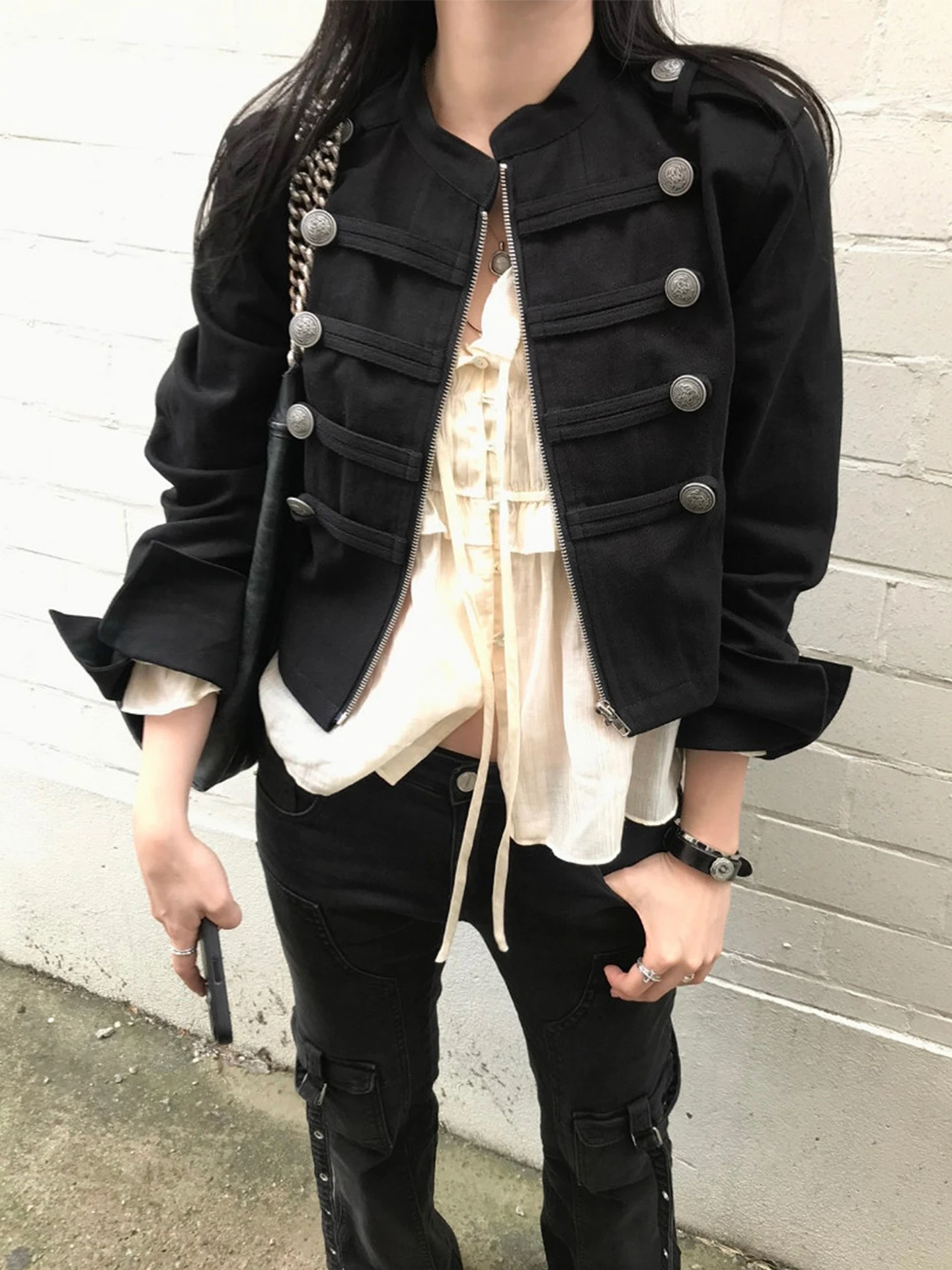 Chic Autumnal Vintage Button Decorated Loose Long Sleeve Workwear Jacket Short Outerwear Women's Fashion Korean Style Polyest...
