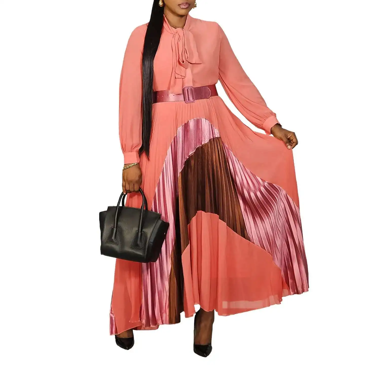 

Женское C8623 Новое модное платье с ремешком, цветными блоками, сложенная юбка, элегантное платье большого размера, летнее платье 2025, женское платье Vestido