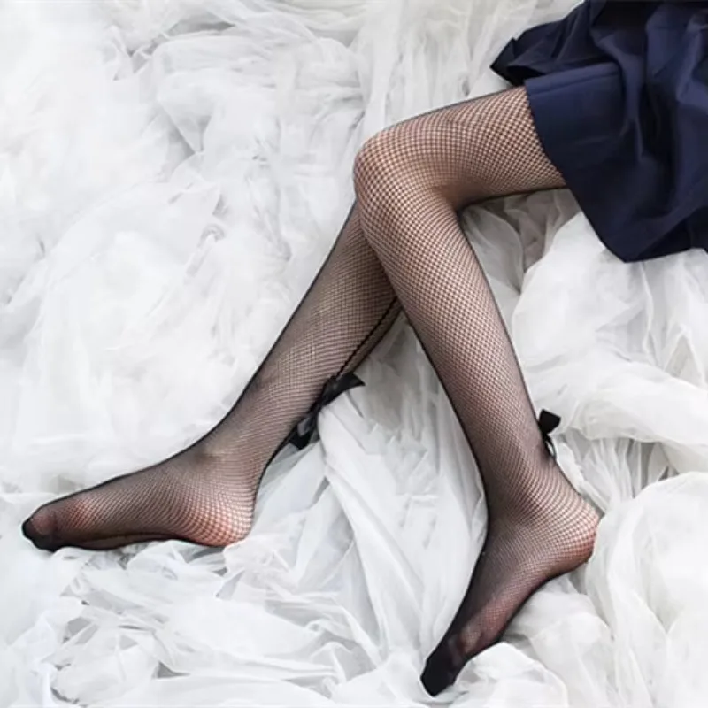 Sexy Women Tights Summer Nylon Transparent Bowknot Pantyhose Japanese Kawaii Girls Cute Black Mesh Fishnet Sexy Lingerie Tights