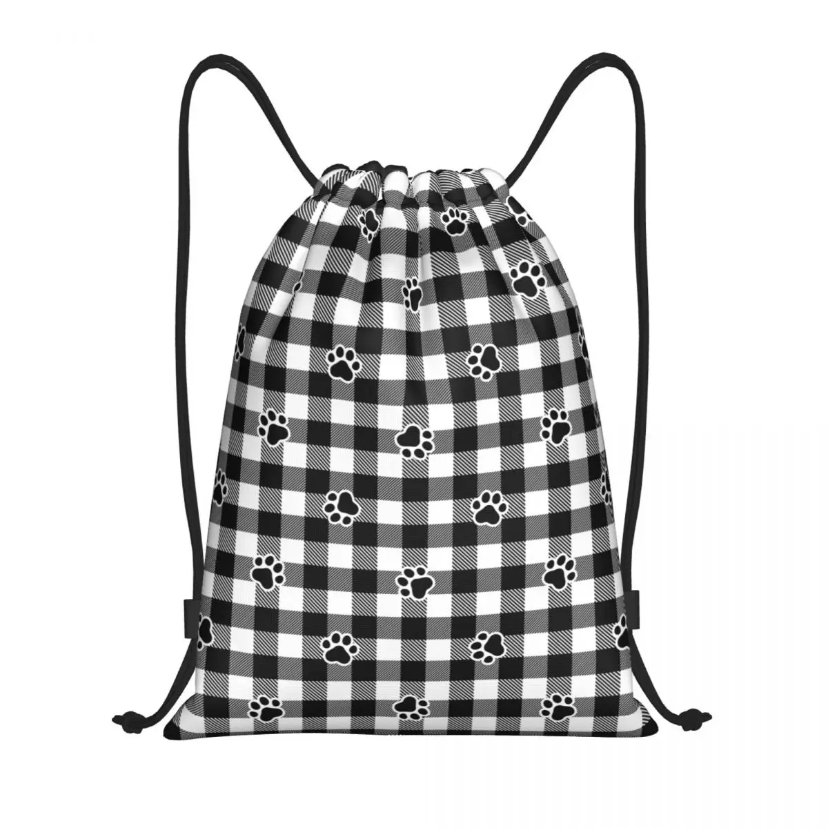 Custom Dog Paw Footprint Checked Pattern Drawstring Bags Women Men Lightweight Sports Gym Storage Backpack