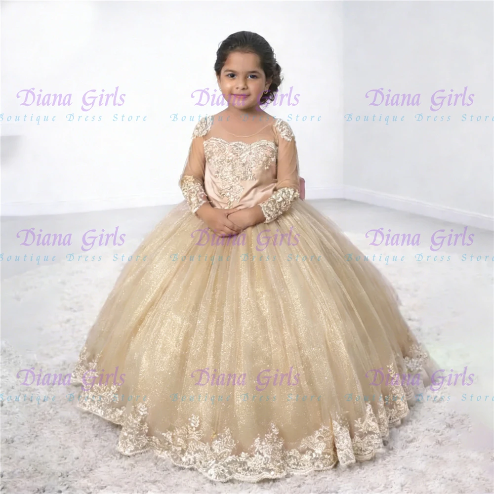 

Quality Champagne Flower Girl Dress Tulle Fluffy with Exquisite Gold Applique for Wedding Birthday Party Evening Ball Gowns