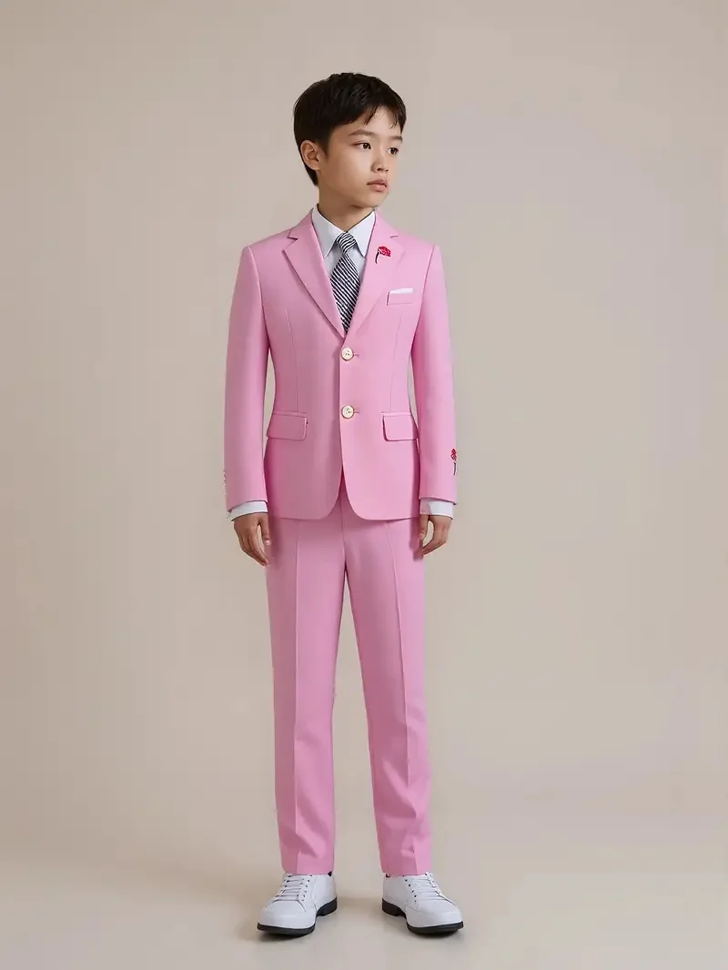 Boys' Embroidered 3Pieces Formal Suit Pink Jacket Pants Tie For Wedding Birthday Kids Fashion Event Party Outfit