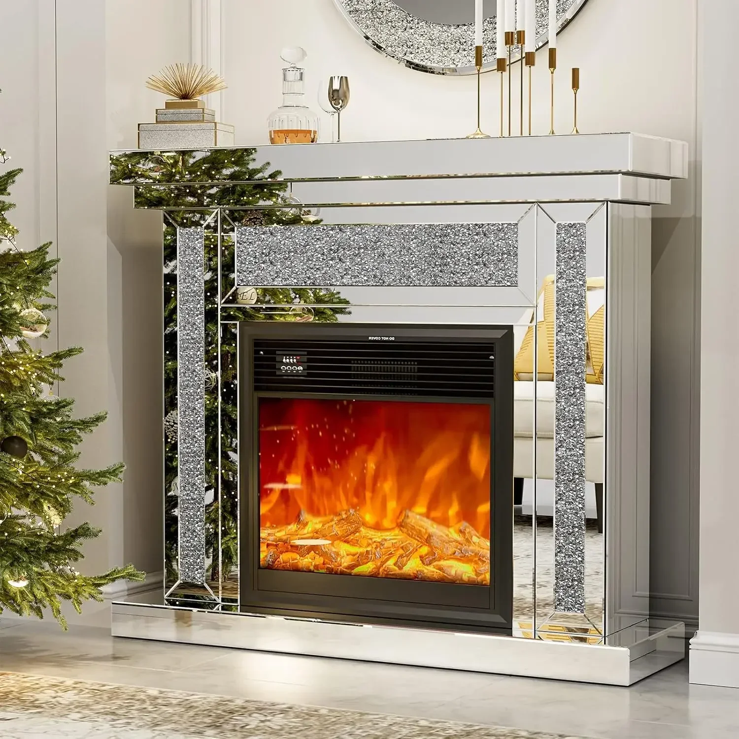 Mirrored Electric Fireplace TV Stand 7 Colors Changing Mantel Freestanding Heater Corner Firebox with 3D Realistic Flame Effect