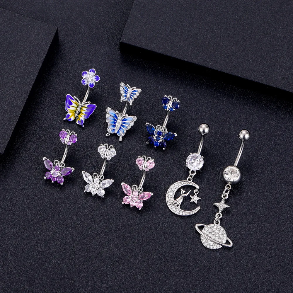 8PCS Cubic Zircon Crystal Butterfly Belly Button Ring Stainless Steel Dangled Barbell Navel Piercing Jewelry